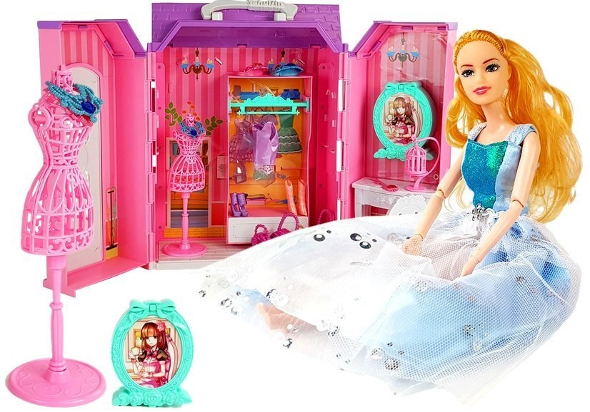 Domek dla Lalek Garderoba Szafa Lusterko na Baterie w Walizce Domek dla Lalek Garderoba Szafa Lusterko na Baterie w Walizce