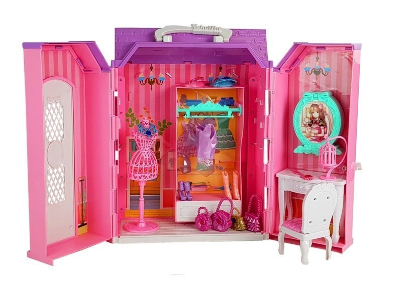 Domek dla Lalek Garderoba Szafa Lusterko na Baterie w Walizce Domek dla Lalek Garderoba Szafa Lusterko na Baterie w Walizce