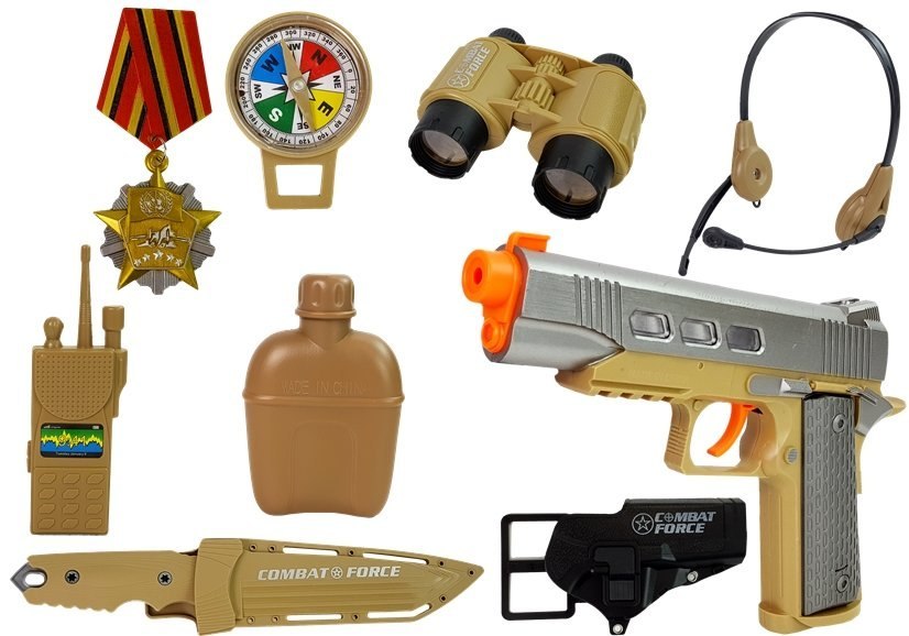 Zestaw Wojskowy z Akcesoriami Pistolet Nóż Lornetka Słuchawki Gwizdek Krótkofalówka Zestaw Wojskowy z Akcesoriami Pistolet Nóż Lornetka Słuchawki Gwizdek Krótkofalówka