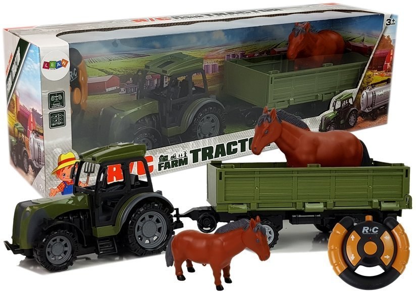 Zielony Traktor z Niską Przyczepą Figurka Konia Zdalnie Sterowany 2.4G Zielony Traktor z Niską Przyczepą Figurka Konia Zdalnie Sterowany 2.4G