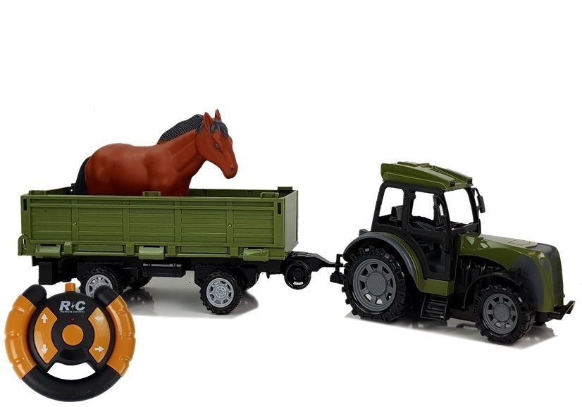 Zielony Traktor z Niską Przyczepą Figurka Konia Zdalnie Sterowany 2.4G Zielony Traktor z Niską Przyczepą Figurka Konia Zdalnie Sterowany 2.4G