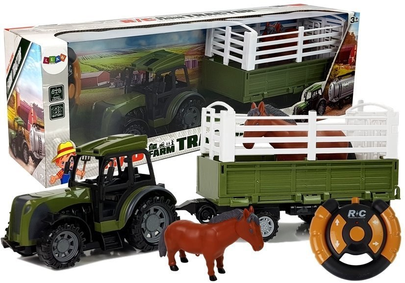 Zielony Traktor z Wysoką Przyczepą Figurka Konia Zdalnie Sterowany 2.4G Zielony Traktor z Wysoką Przyczepą Figurka Konia Zdalnie Sterowany 2.4G