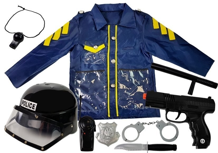 Strój Zestaw Policjant Przebranie Kostium dla Dziecka Kask Pistolet Kajdanki Krótkofalówka Pałka Policyjna Strój Zestaw Policjant Przebranie Kostium dla Dziecka Kask Pistolet Kajdanki Krótkofalówka Pałka Policyjna