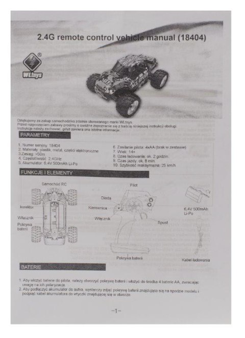 Samochód RC WLtoys 2.4GHz 4WD 1:18 25km/H 18404 Samochód RC WLtoys 2.4GHz 4WD 1:18 25km/H 18404
