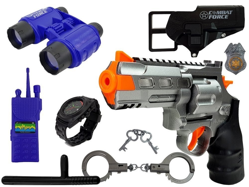 Zestaw Policyjny Pistolet Kajdanki Lornetka Gwizdek Zegarek Odznaka Zestaw Policyjny Pistolet Kajdanki Lornetka Gwizdek Zegarek Odznaka