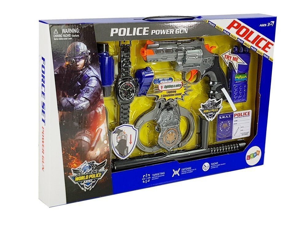 Zestaw Policyjny Pistolet Kajdanki Lornetka Gwizdek Zegarek Odznaka Zestaw Policyjny Pistolet Kajdanki Lornetka Gwizdek Zegarek Odznaka