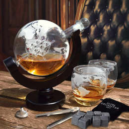 Zestaw do whisky GLOBUS: karafka, 2 szklanki i kamienne kostki - prezent na 40 50 60 urodziny dla faceta taty męża