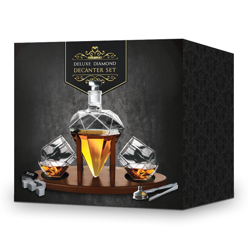 Zestaw do whisky DIAMENT DELUXE: karafka, 2 szklanki, drewniana podstawka i kamienne kostki