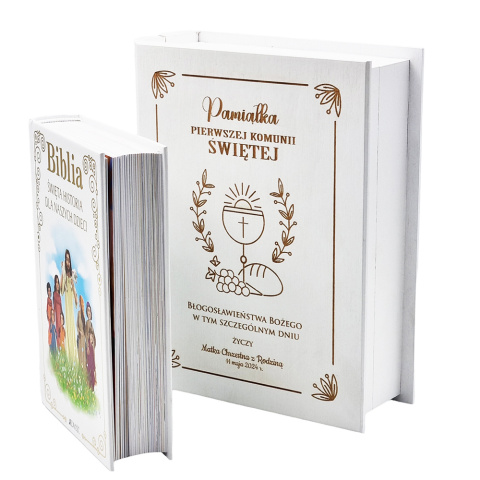 Biblia w drewnianym pudełku Prezent na Komunię - Pamiątka Pierwszej Komunii Świętej Biblia w drewnianym pudełku Prezent na Komunię - Pamiątka Pierwszej Komunii Świętej