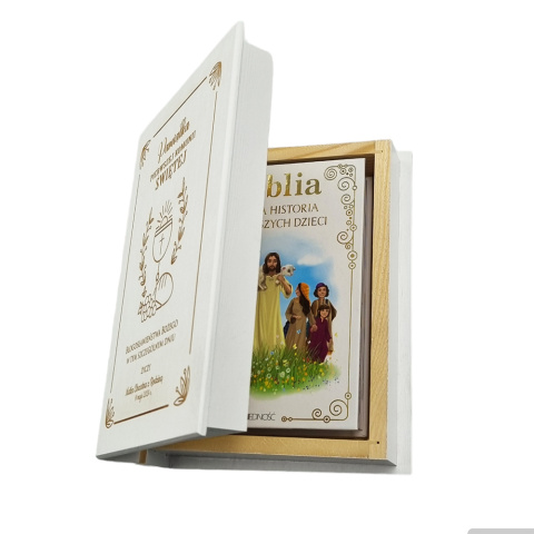 Biblia w drewnianym pudełku Prezent na Komunię - Pamiątka Pierwszej Komunii Świętej Biblia w drewnianym pudełku Prezent na Komunię - Pamiątka Pierwszej Komunii Świętej