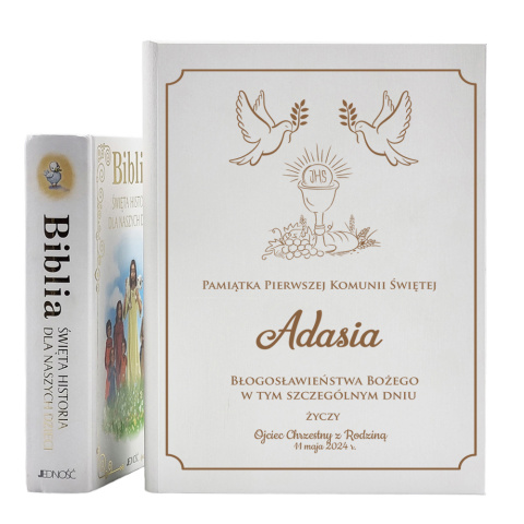 Biblia w drewnianym pudełku Prezent na Komunię - Pamiątka Pierwszej Komunii Świętej Biblia w drewnianym pudełku Prezent na Komunię - Pamiątka Pierwszej Komunii Świętej