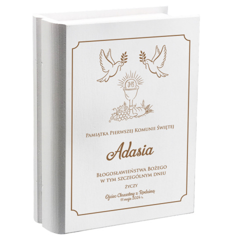 Biblia w drewnianym pudełku Prezent na Komunię - Pamiątka Pierwszej Komunii Świętej Biblia w drewnianym pudełku Prezent na Komunię - Pamiątka Pierwszej Komunii Świętej