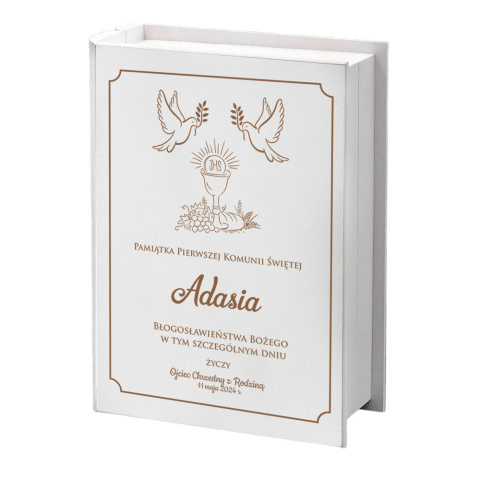 Biblia w drewnianym pudełku Prezent na Komunię - Pamiątka Pierwszej Komunii Świętej Biblia w drewnianym pudełku Prezent na Komunię - Pamiątka Pierwszej Komunii Świętej