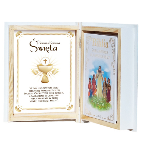 Biblia w drewnianym pudełku z życzeniami Prezent na Komunię - Pamiątka Pierwszej Komunii Świętej Biblia w drewnianym pudełku z życzeniami Prezent na Komunię - Pamiątka Pierwszej Komunii Świętej