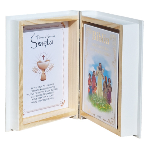 Biblia w drewnianym pudełku z życzeniami Prezent na Komunię - Pamiątka Pierwszej Komunii Świętej Biblia w drewnianym pudełku z życzeniami Prezent na Komunię - Pamiątka Pierwszej Komunii Świętej