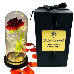 Wieczna róża w szkle z grawerem - prezent na Dzień Kobiet