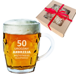 Szklany kufel do piwa z grawerem w ozdobnym kartoniku - prezent na 18 30 40 50 60 urodziny dla faceta mężczyzny