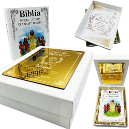 Biblia na Komunię w Ozdobnym Pudełku z Grawerem - Pamiątka Pierwszej Komunii Świętej Prezent na Komunię