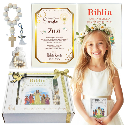 Biblia na Komunię z Życzeniami + Dodatki - Pamiątka Pierwszej Komunii Świętej Prezent na Komunię dla Chłopca Dziewczynki