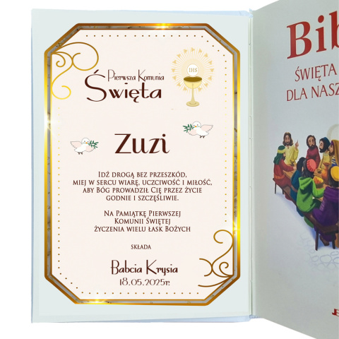 Biblia na Komunię z Życzeniami + Dodatki - Pamiątka Pierwszej Komunii Świętej Prezent na Komunię dla Chłopca Dziewczynki Biblia na Komunię z Życzeniami + Dodatki - Pamiątka Pierwszej Komunii Świętej Prezent na Komunię dla Chłopca Dziewczynki