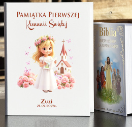 Biblia w Drewnianym Pudełku z Życzeniami - Prezent na Komunię Świętą Pamiątka Pierwszej Komunii Świętej