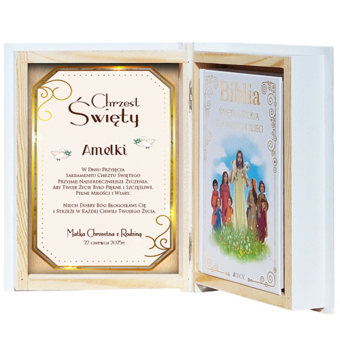 Biblia w Drewnianym Pudełku z Życzeniami Prezent na Chrzest - Pamiątka Chrztu Świętego Biblia w Drewnianym Pudełku z Życzeniami Prezent na Chrzest - Pamiątka Chrztu Świętego