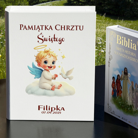 Biblia w Drewnianym Pudełku z Życzeniami Prezent na Chrzest - Pamiątka Chrztu Świętego Biblia w Drewnianym Pudełku z Życzeniami Prezent na Chrzest - Pamiątka Chrztu Świętego