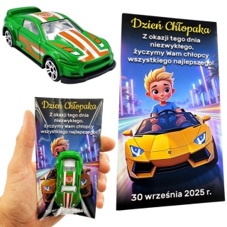 Metalowy Resorak Autko + Życzenia - Prezent na Dzień Chłopaka Przedszkole Szkoła Samochodzik