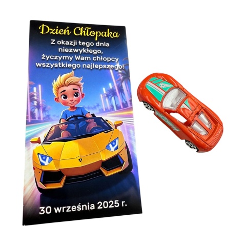 Metalowy Resorak Autko + Życzenia - Prezent na Dzień Chłopaka Przedszkole Szkoła Samochodzik