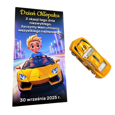 Metalowy Resorak Autko + Życzenia - Prezent na Dzień Chłopaka Przedszkole Szkoła Samochodzik