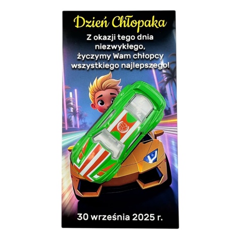 Metalowy Resorak Autko + Życzenia - Prezent na Dzień Chłopaka Przedszkole Szkoła Samochodzik