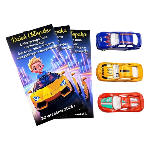 Metalowy Resorak Autko + Życzenia - Prezent na Dzień Chłopaka Przedszkole Szkoła Samochodzik