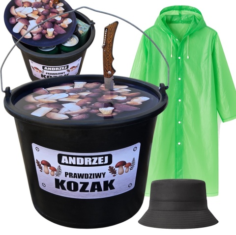 Personalizowany Zestaw Grzybiarza 4w1- prezent dla Taty Mamy Babci Dziadka Żony Męża Wiadro Nóż Ponczo Czapka