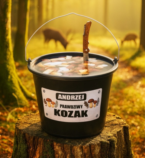 Personalizowany Zestaw Grzybiarza 4w1- prezent dla Taty Mamy Babci Dziadka Żony Męża Wiadro Nóż Ponczo Czapka