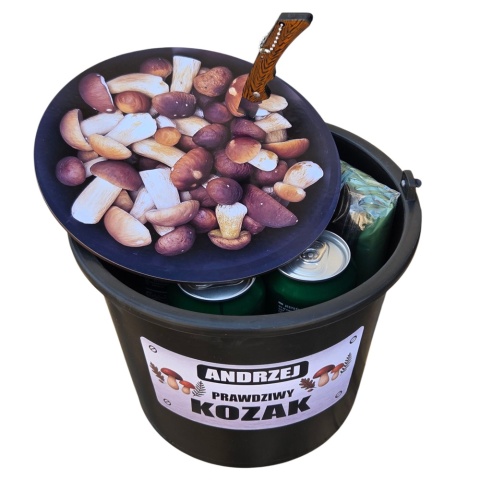 Personalizowany Zestaw Grzybiarza 4w1- prezent dla Taty Mamy Babci Dziadka Żony Męża Wiadro Nóż Ponczo Czapka