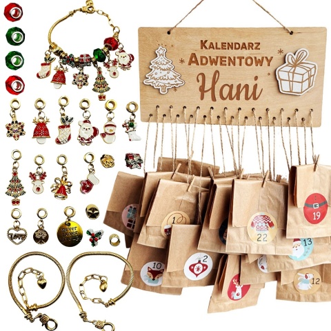 Kalendarz Adwentowy Biżuteria Bransoletka z Imieniem Dziecka dla Dziewczynki 4 5 6 7 8 9 10 lat Dzieci