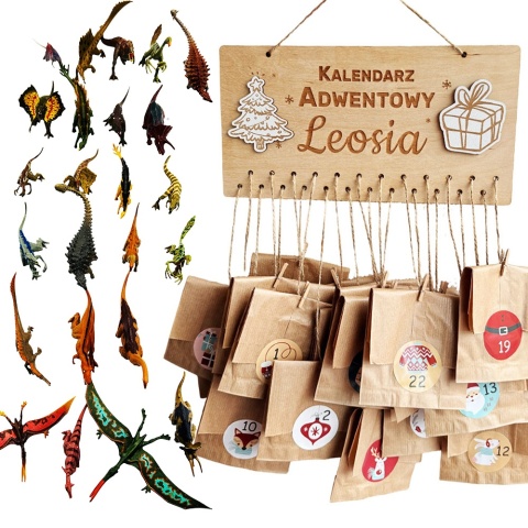 Kalendarz Adwentowy Dinozaury z Imieniem Dziecka dla Chłopca 4 5 6 7 8 9 10 lat Dzieci