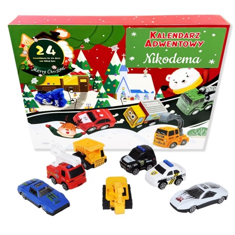Kalendarz Adwentowy Samochodziki z Imieniem Dziecka dla Chłopca 4 5 6 7 8 9 10 lat Dzieci