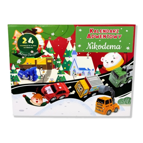 Kalendarz Adwentowy Samochodziki z Imieniem Dziecka dla Chłopca 4 5 6 7 8 9 10 lat Dzieci