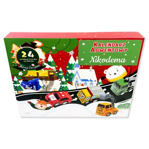 Kalendarz Adwentowy Samochodziki z Imieniem Dziecka dla Chłopca 4 5 6 7 8 9 10 lat Dzieci