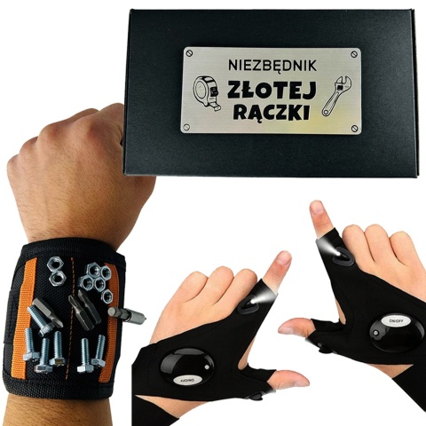 Niezbędnik Złotej Rączki Świecące Rękawiczki + Opaska Magnetyczna - Prezent dla Taty Dziadka Męża Mężczyzny Chłopaka na Święta