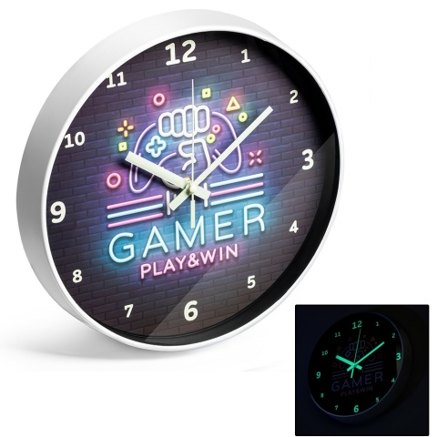 Zegar ścienny GRACZA - świeci w ciemności - prezent dla chłopca 5 6 7 8 9 10 11 lat na święta urodziny