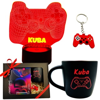 Zestaw Prezent dla Gracza z Imieniem Chłopca 5 6 7 8 9 10 11 12 na święta urodziny - kubek + lampka + brelok