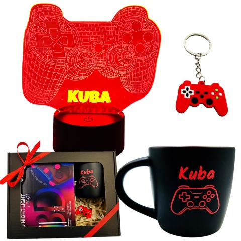 Zestaw Prezent dla Gracza z Imieniem Chłopca 5 6 7 8 9 10 11 12 na święta urodziny - kubek + lampka + brelok