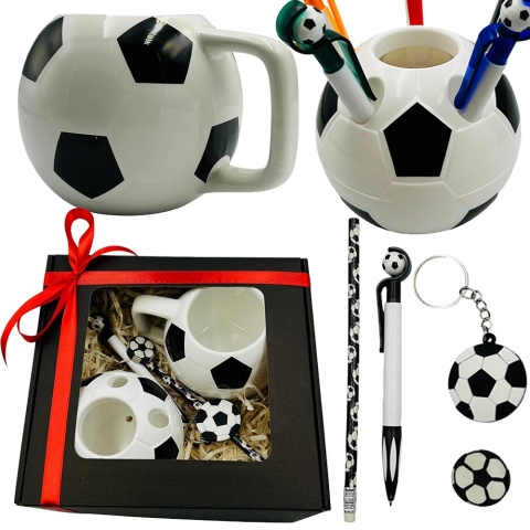 Zestaw 7w1 Prezent dla Piłkarza Chłopca 4 5 6 7 8 9 10 lat na Święta Urodziny - Kubek Przybornik Długopis Brelok Ołówek Gumka