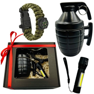 Zestaw Prezent dla Żołnierza na Święta Urodziny - Kubek Granat, Latarka i Opaska Survivalowa