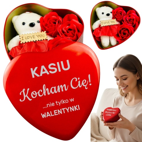 Mydlane Róże + Misiu w Metalowym Pudełeczku z Grawerem - Prezent na Walentynki dla Żony Niej Dziewczyny
