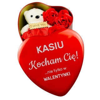 Mydlane Róże + Misiu w Metalowym Pudełeczku z Grawerem - Prezent na Walentynki dla Żony Niej Dziewczyny