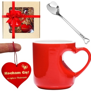 Kubek z uchwytem w kształcie serca, łyżeczka i zawieszka - Prezent na Walentynki dla Żony Niej Dziewczyny