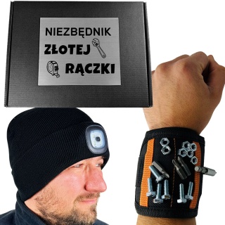 Niezbędnik Złotej Rączki Świecąca Czapka + Opaska Magnetyczna - Prezent dla Taty Dziadka Męża Mężczyzny Chłopaka na Święta